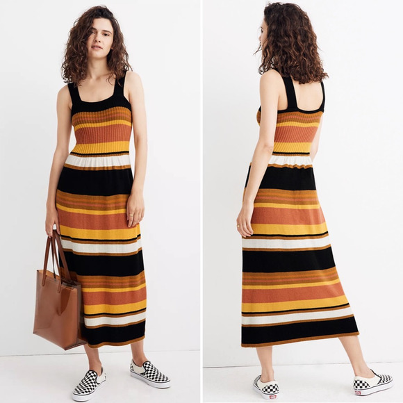 Madewell Dresses & Skirts - Madewell Knit Tank Dress Gold Ribbed Midi Striped Stretch Square Neck M New